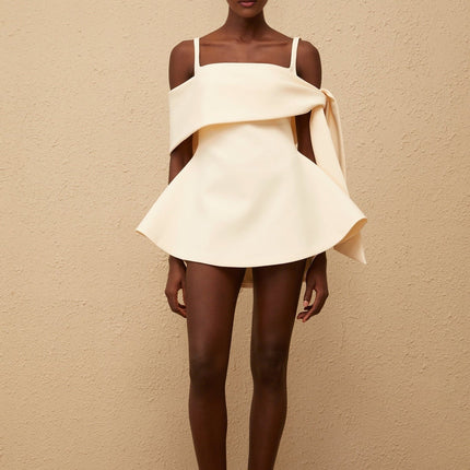 Caterina Mini Dress in Cream White Neutrals Terylene fiber square neck sleeveless wide straps fitted waistline self-tie detail flared skirt rear zip fastening thigh-length timeless piece style comfort refined grace