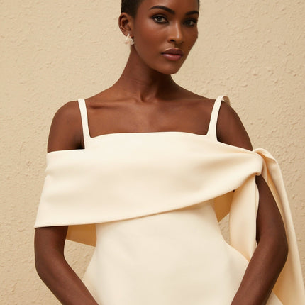 Caterina Mini Dress in Cream White Neutrals Terylene Fiber Square Neck Sleeveless Wide Straps Fitted Waistline Self-Tie Detail Flared Skirt Rear Zip Fastening Thigh-Length Elegant Chic Sophisticated Comfortable