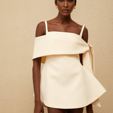 Caterina Mini Dress in Cream White Neutrals Terylene Square Neck Sleeveless Wide Straps Fitted Waistline Self-Tie Detail Flared Skirt Rear Zip Fastening Thigh-Length Timeless Piece Style Comfort Refined Grace