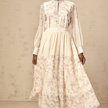 Caterina Neutrals & Purple Floral Shirt Skirt Set Terylene Fiber Lantern Sleeves Elasticated Waistband Pleat Detailing Model 5'10 Size M
