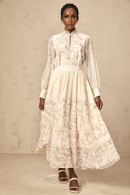 Caterina Neutrals & Purple Floral Shirt Skirt Set Terylene Fiber Lantern Sleeves Elasticated Waistband Pleat Detailing Model 5'10 Size M