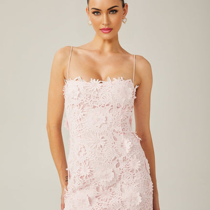 Caterina Pink Lace Mini Dress Square Neckline Spaghetti Straps Floral Embroidery