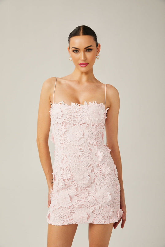 Caterina Pink Lace Mini Dress Square Neckline Spaghetti Straps Floral Embroidery