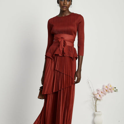 Caterina Red Pleated Bow Tie Top and Flounce Skirt Set