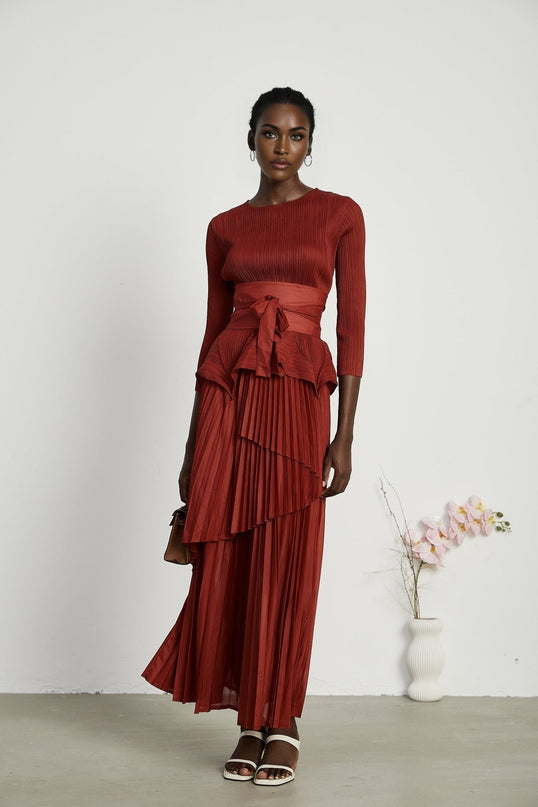 Caterina Red Pleated Bow Tie Top and Flounce Skirt Set