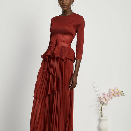 Caterina Red Pleated Bow Tie Top and Flounce Skirt Set