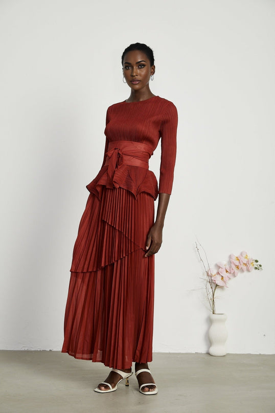 Caterina Red Pleated Bow Tie Top and Flounce Skirt Set