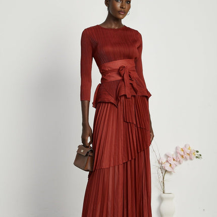 Caterina Red Pleated Bow Tie Top and Flounce Skirt Set