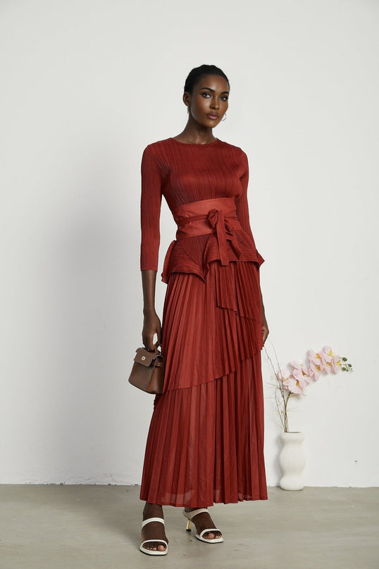 Caterina Red Pleated Bow Tie Top and Flounce Skirt Set