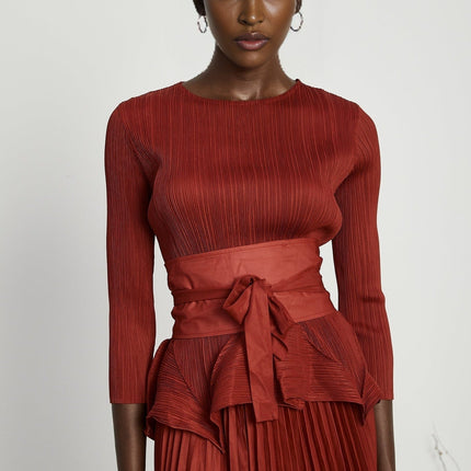 Caterina Red Pleated Bow Tie Top and Flounce Skirt Set