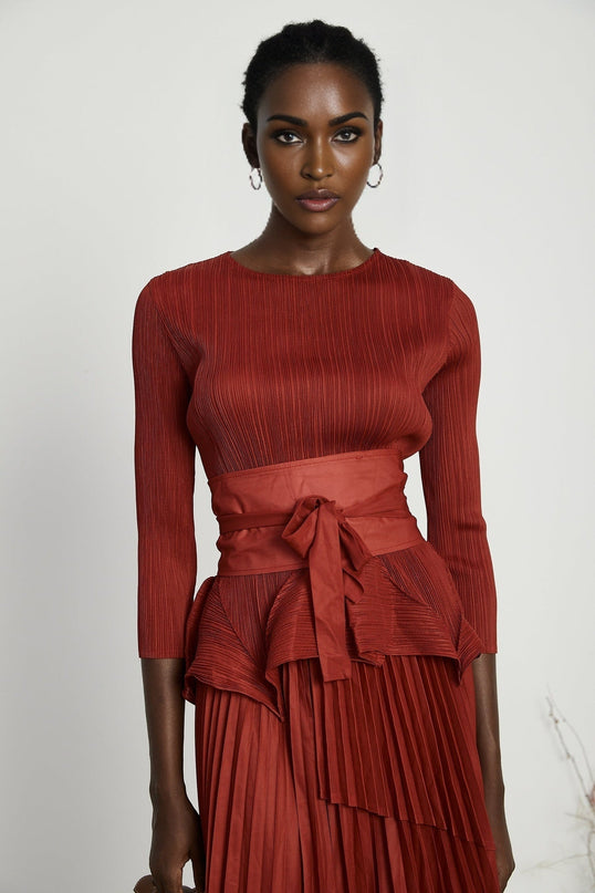 Caterina Red Pleated Bow Tie Top and Flounce Skirt Set