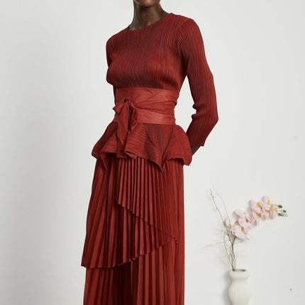 Caterina Red Pleated Bow Tie Top and Flounce Skirt Set