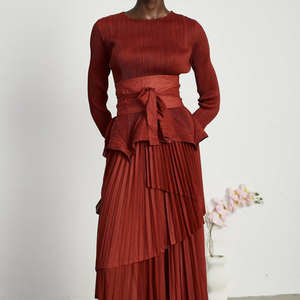 Caterina Red Pleated Bow Tie Top and Flounce Skirt Set