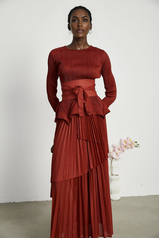Caterina Red Pleated Bow Tie Top and Flounce Skirt Set