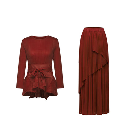 Caterina Red Pleated Bow Tie Top and Flounce Skirt Set