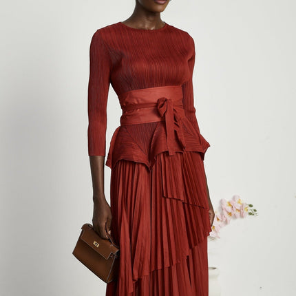 Caterina Red Pleated Bow Tie Top and Flounce Skirt Set