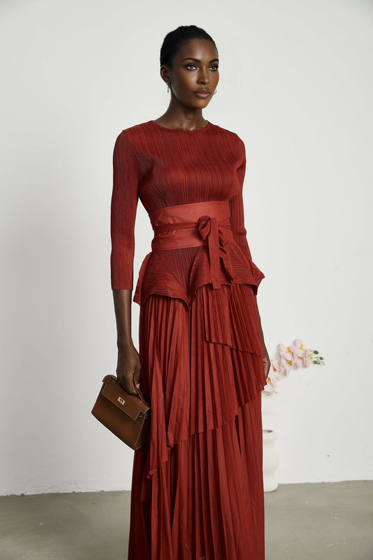 Caterina Red Pleated Bow Tie Top and Flounce Skirt Set