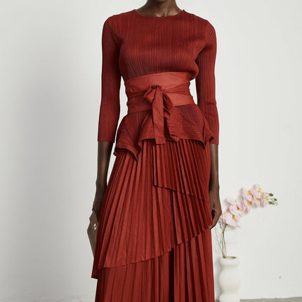 Caterina Red Pleated Bow Tie Top Flounce Skirt Set