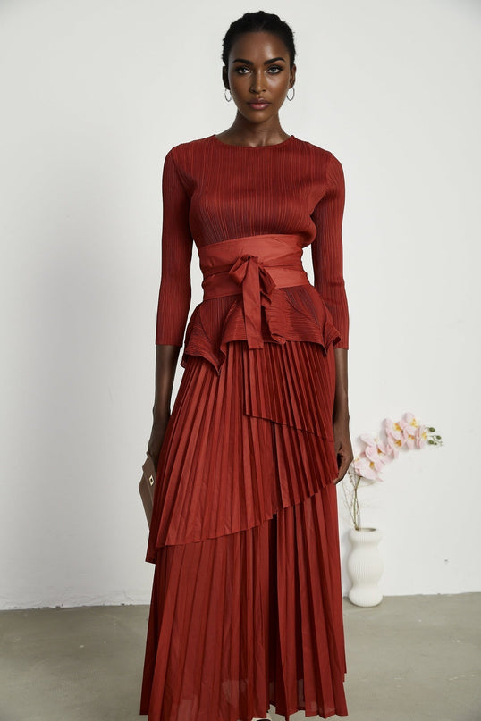 Caterina Red Pleated Bow Tie Top Flounce Skirt Set