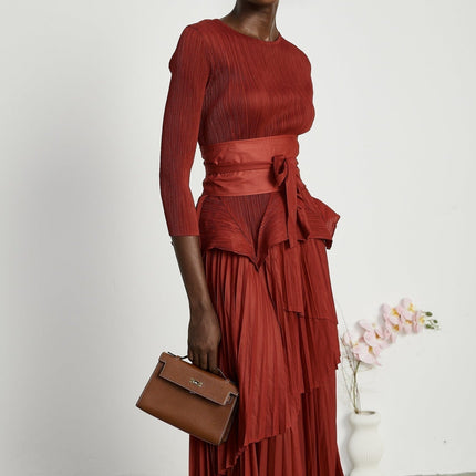 Caterina Red Pleated Bow Tie Top and Flounce Skirt Set