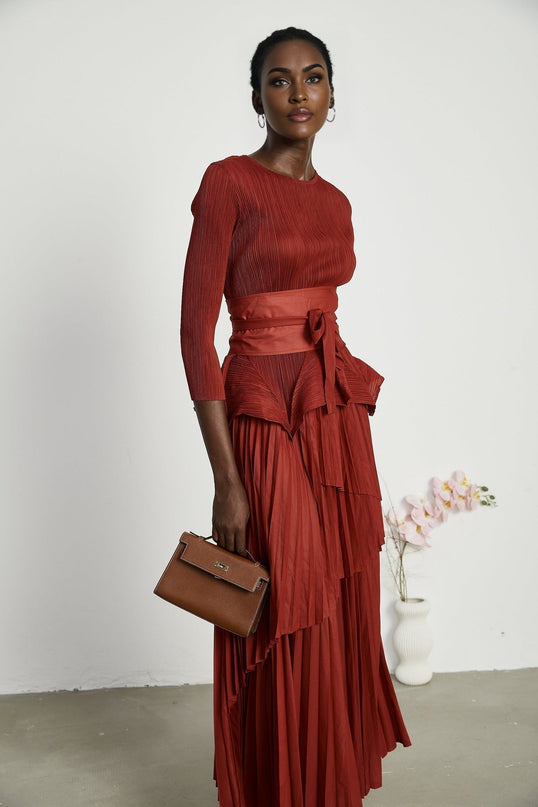 Caterina Red Pleated Bow Tie Top and Flounce Skirt Set