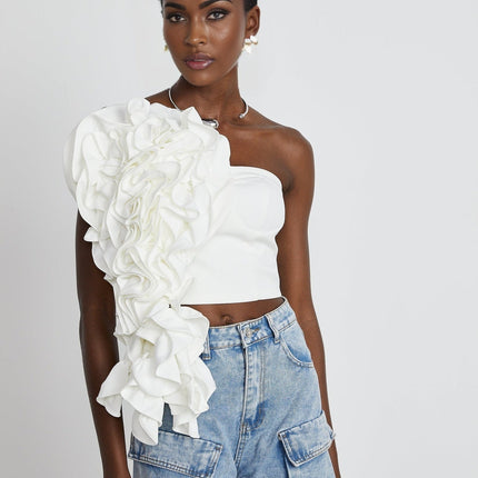Caterina White Floral Applique Off-Shoulder Top