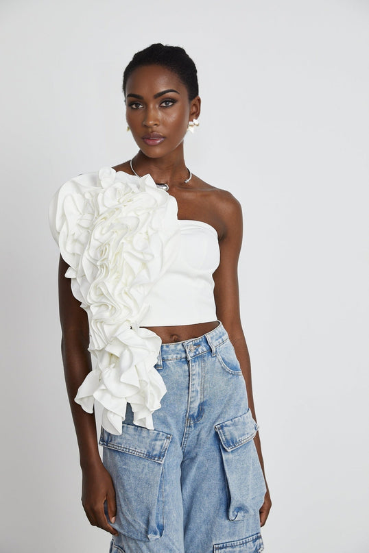 Caterina White Floral Applique Off-Shoulder Top