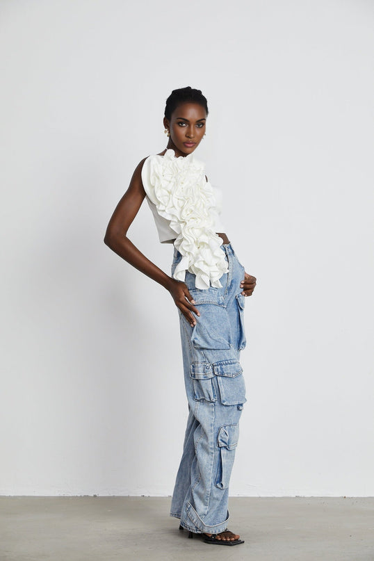 Caterina White Floral Applique Off-The-Shoulder Top