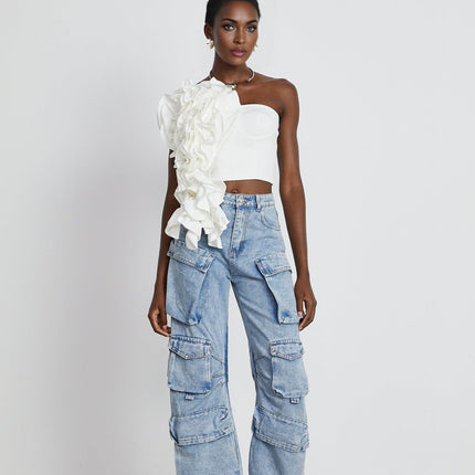 Caterina White Floral Top Polyester Off Shoulder Sleeveless Crop Zip Luxury Sophisticated Elegant Graceful