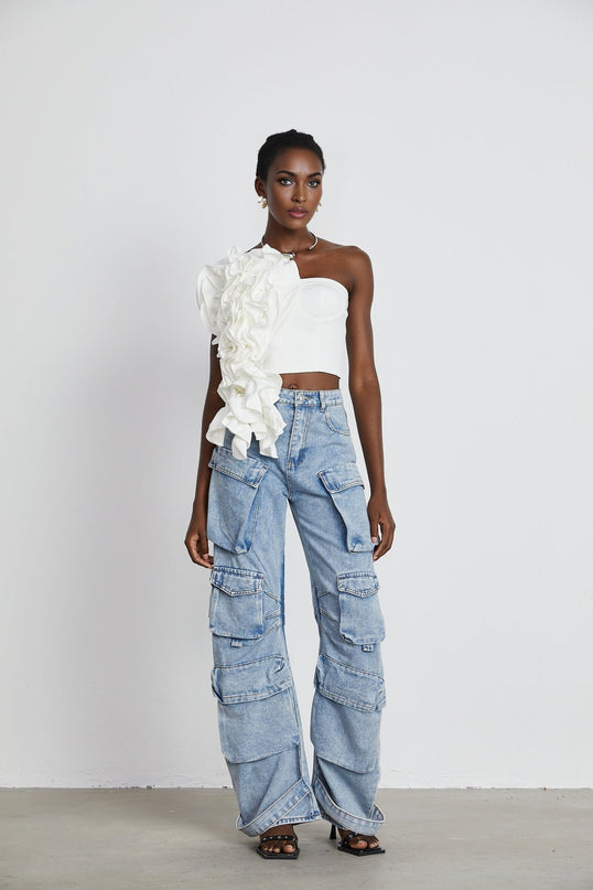 Caterina White Floral Top Polyester Off Shoulder Sleeveless Crop Zip Luxury Sophisticated Elegant Graceful