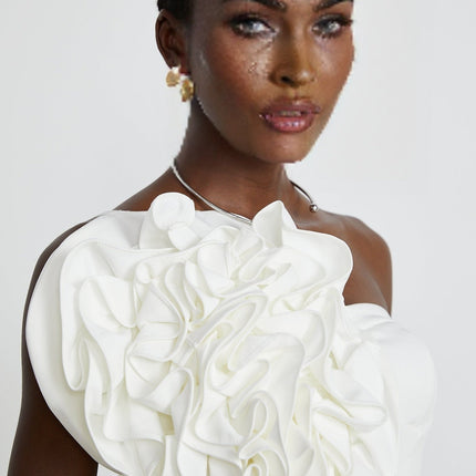 Caterina White Floral Top Polyester Sleeveless Off-Shoulder Cropped Zip