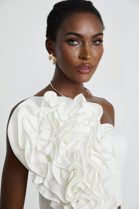 Caterina White Floral Top Polyester Sleeveless Off-Shoulder Cropped Zip