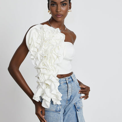 Caterina White Floral Top 100 Percent Polyester Sleeveless Off-the-Shoulder Cropped Silhouette Luxury Sophistication