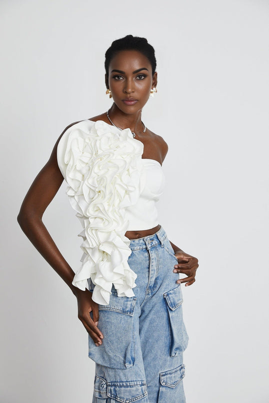 Caterina White Floral Top 100 Percent Polyester Sleeveless Off-the-Shoulder Cropped Silhouette Luxury Sophistication