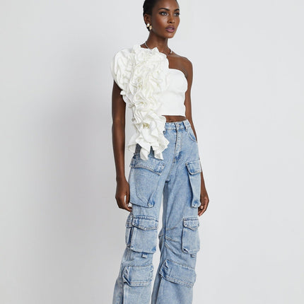 Caterina White Floral Top Luxury Sophistication Off Shoulder Sleeveless Cropped Polyester