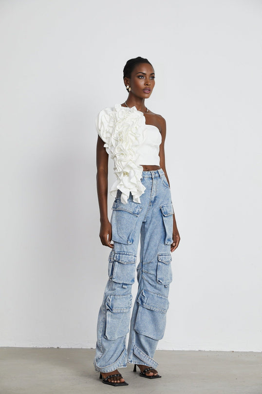 Caterina White Floral Top Luxury Sophistication Off Shoulder Sleeveless Cropped Polyester