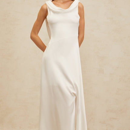 Caterina White Satin Maxi Dress with Cowl Neck and Twist Detailing