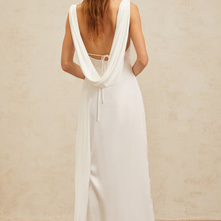Caterina White Satin Maxi Dress with Cowl Neck and Twist Detailing