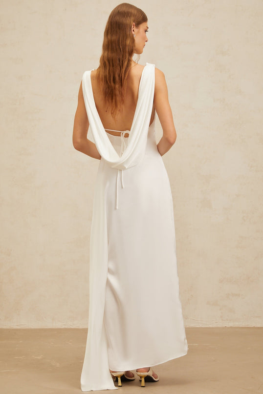 Caterina White Satin Maxi Dress with Cowl Neck and Twist Detailing
