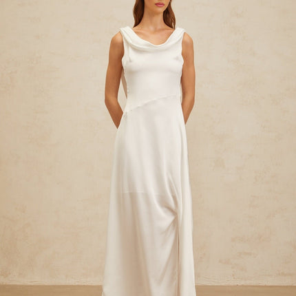Caterina White Satin Maxi Dress with Cowl Neck and Open Back
