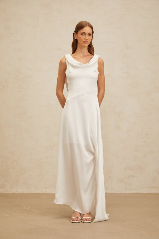 Caterina White Satin Maxi Dress with Cowl Neck and Open Back