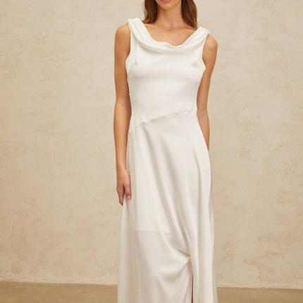 Caterina White Satin Maxi Dress with Cowl Neck and Open Back Twist Detailing