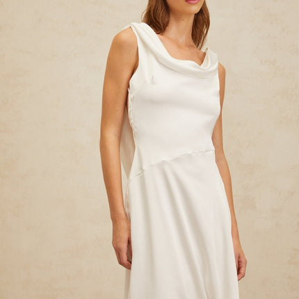 Caterina White Satin Maxi Dress with Cowl Neck and Twist Detailing