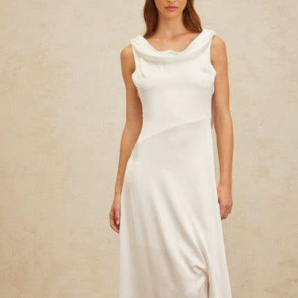Caterina White Satin Maxi Dress with Cowl Neck and Open Back Twist Detailing