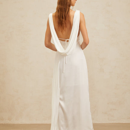 Caterina White Satin Maxi Dress with Cowl Neck and Open Back Twist Detailing
