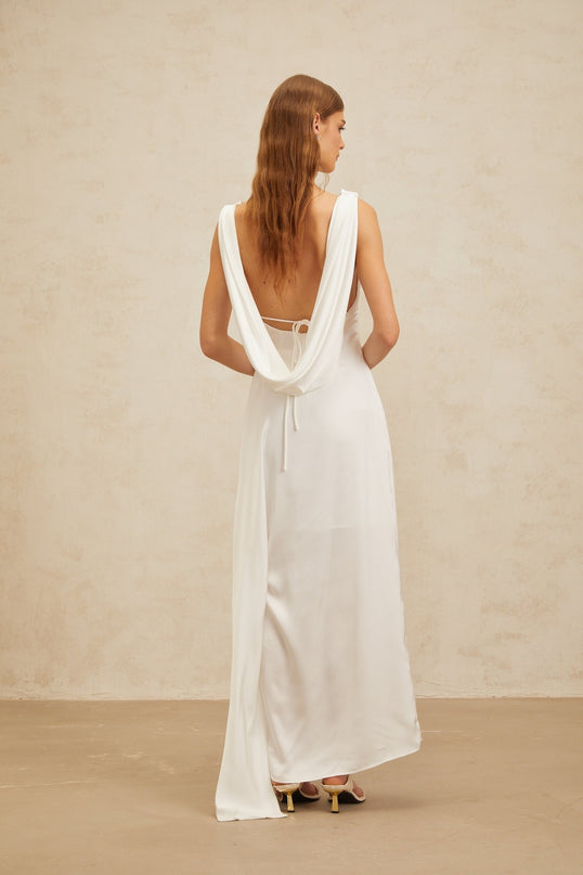 Caterina White Satin Maxi Dress with Cowl Neck and Open Back Twist Detailing