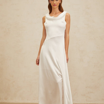 Caterina White Satin Maxi Dress with Cowl Neck and Open Back Twist Detailing