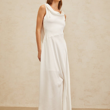 Caterina White Satin Maxi Dress with Cowl Neck and Twist Detailing