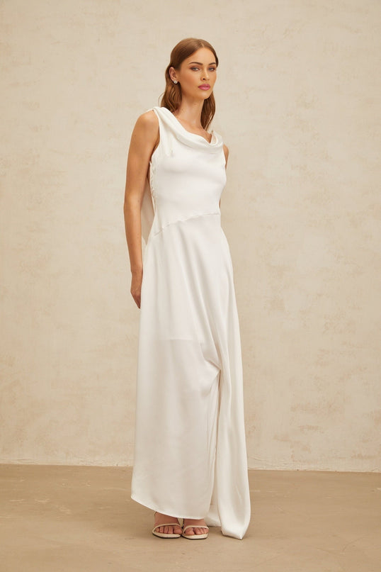 Caterina White Satin Maxi Dress with Cowl Neck and Twist Detailing