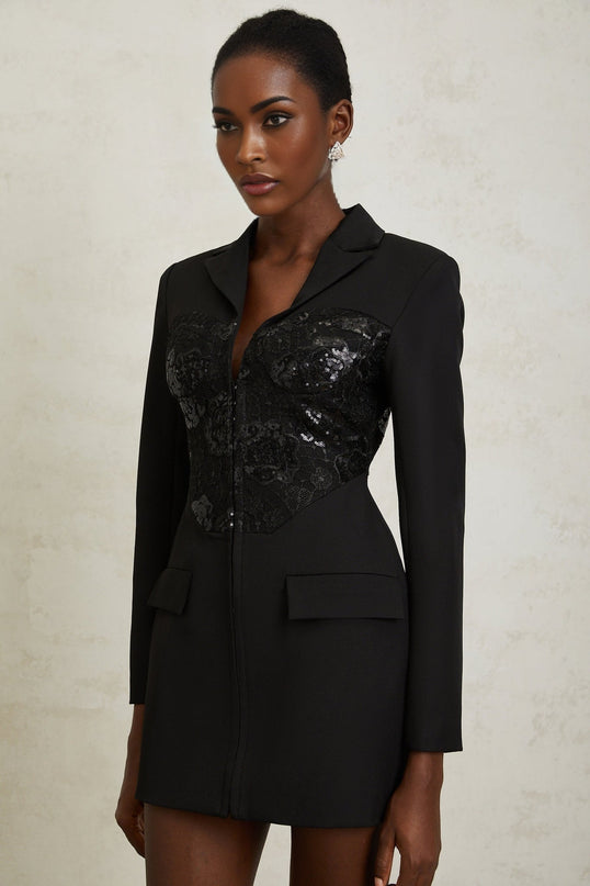 Caterinella Black Lace Sequin Panel Blazer Mini Dress